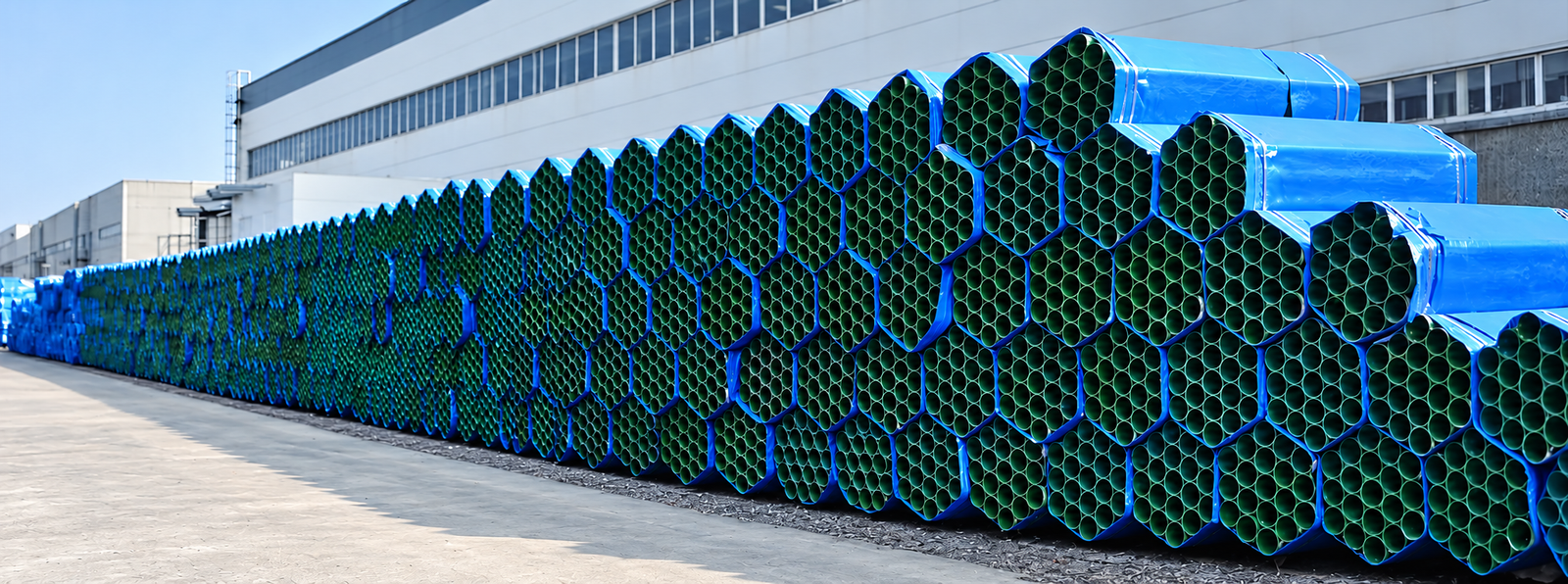 Bundles of steel post pipes in factory storage