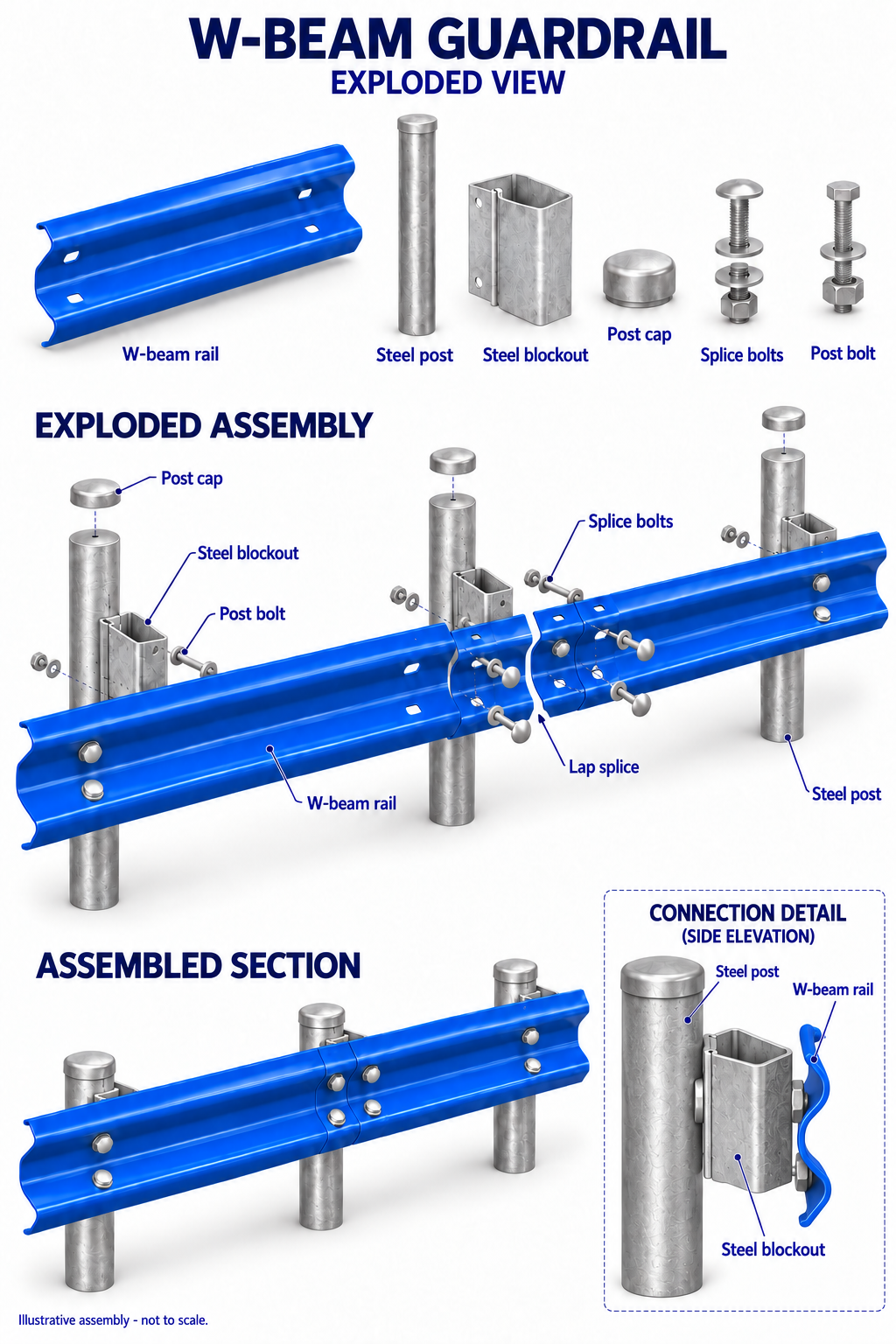 W-Beam rail, post and blockout assembly illustration