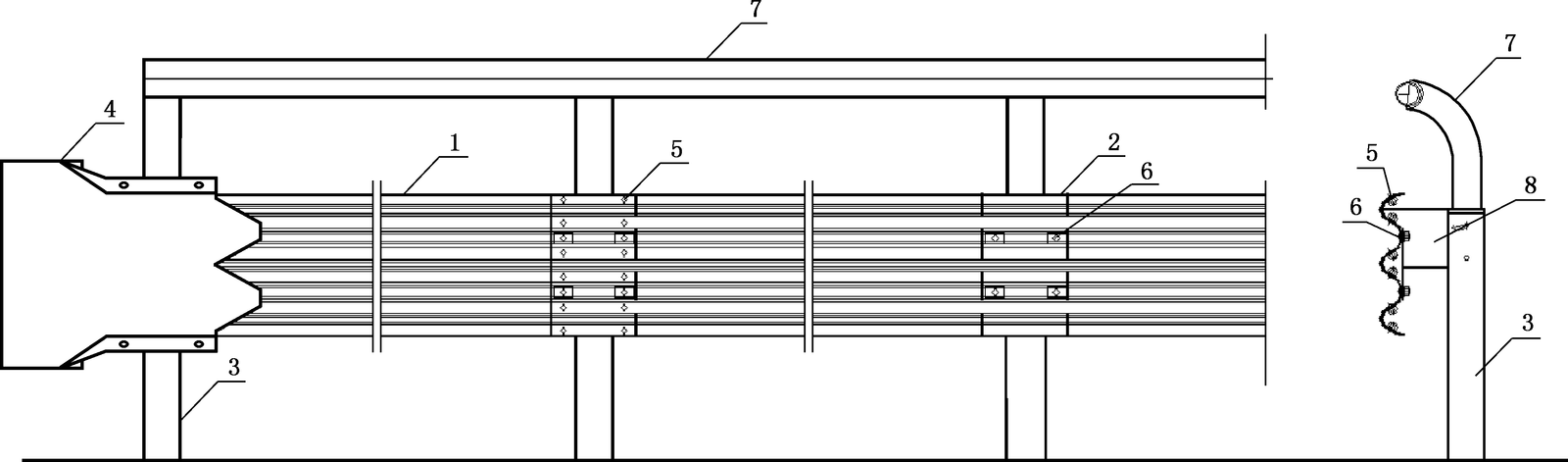 Standard reference sketch of three-wave guardrail components