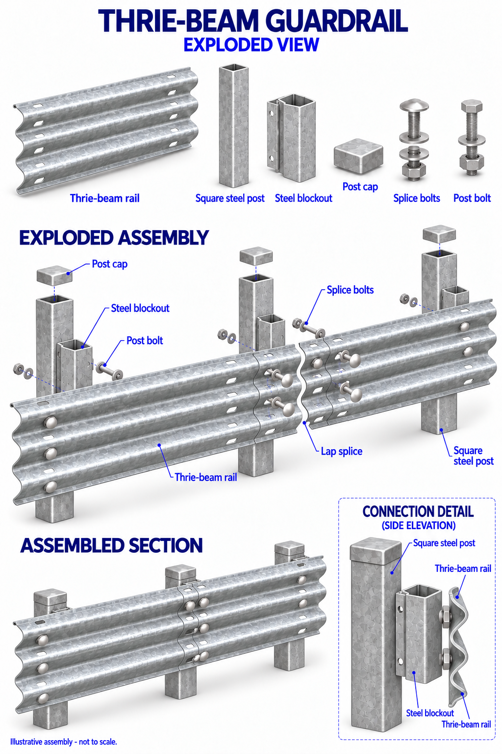 Exploded three-wave Thrie-Beam assembly with square hollow posts, blockouts and bolts