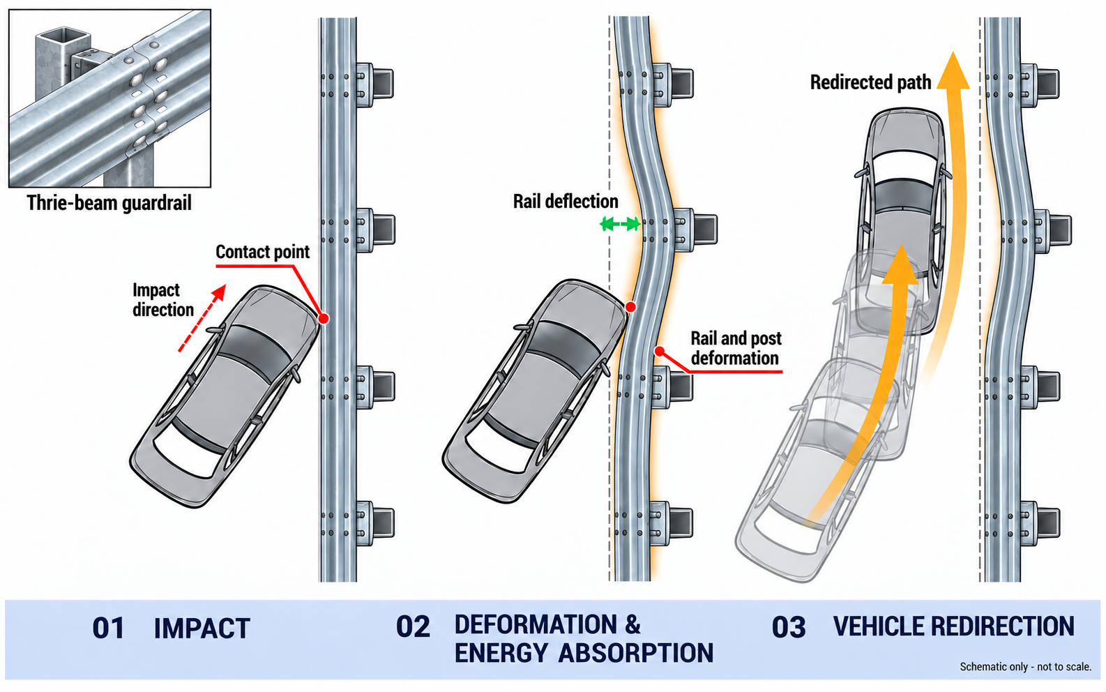 Thrie-Beam: vehicle contact, three-wave rail deflection and redirection with square posts