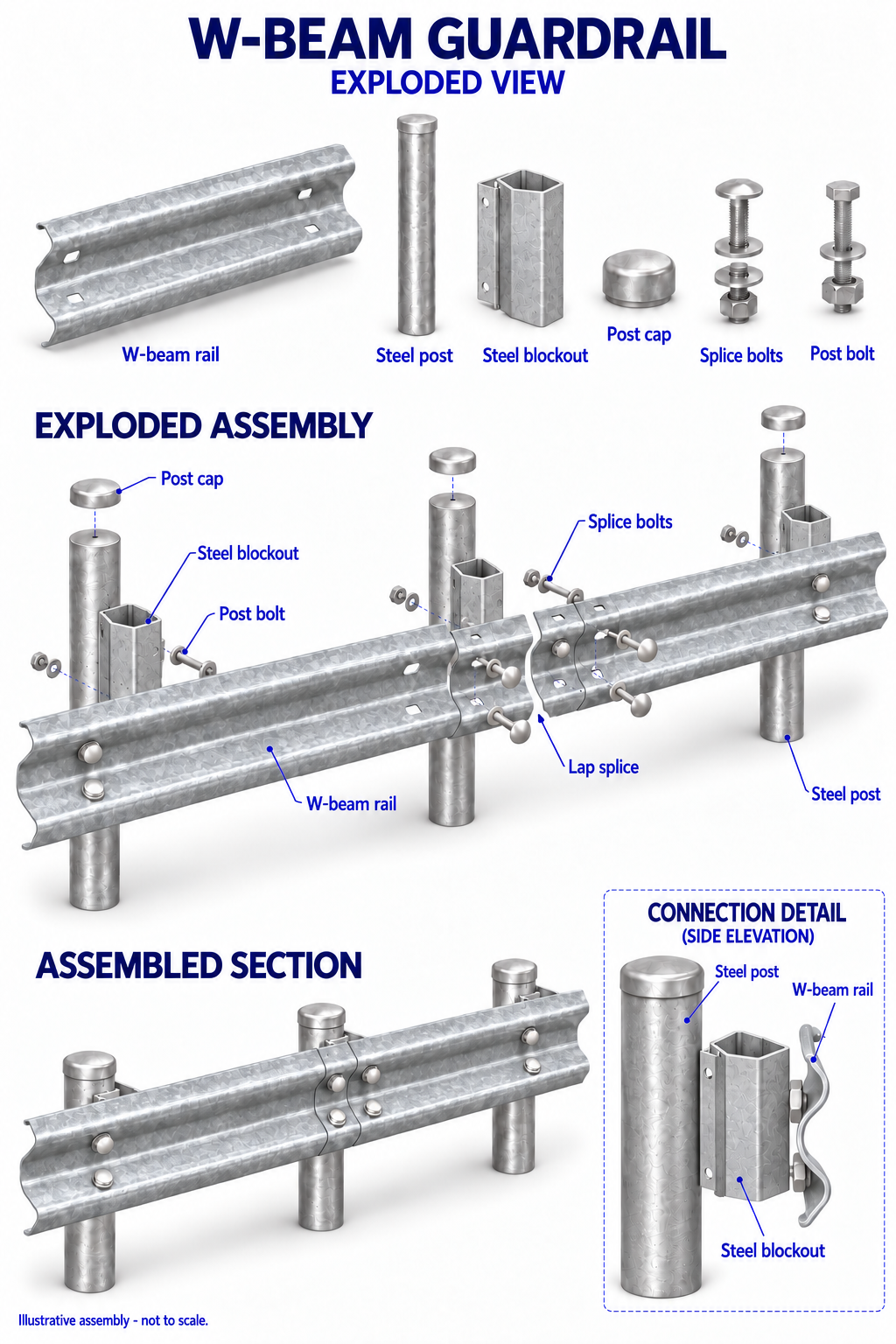 W-Beam rail, post and blockout assembly illustration