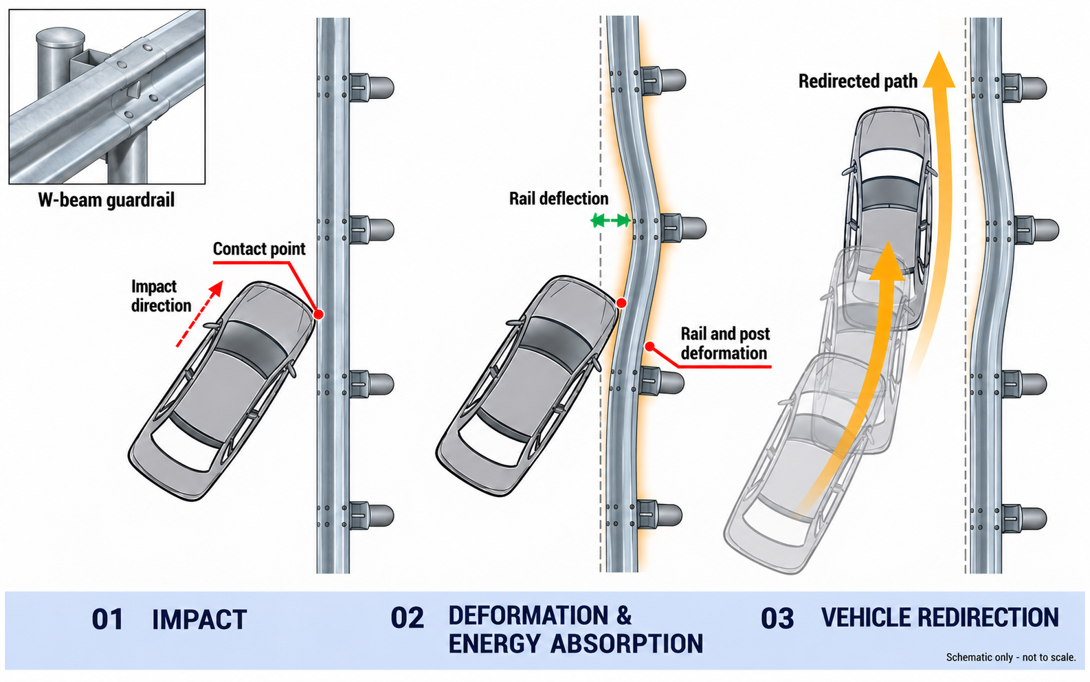 W-Beam: rail deflection and vehicle redirection