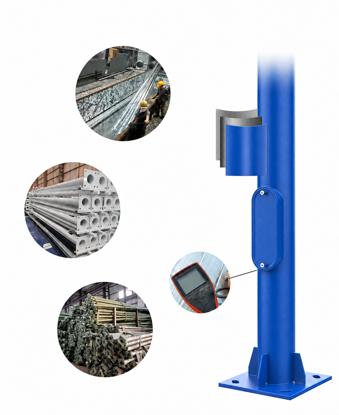 Illustration of steel light pole surface layers with galvanizing, coating and process photos