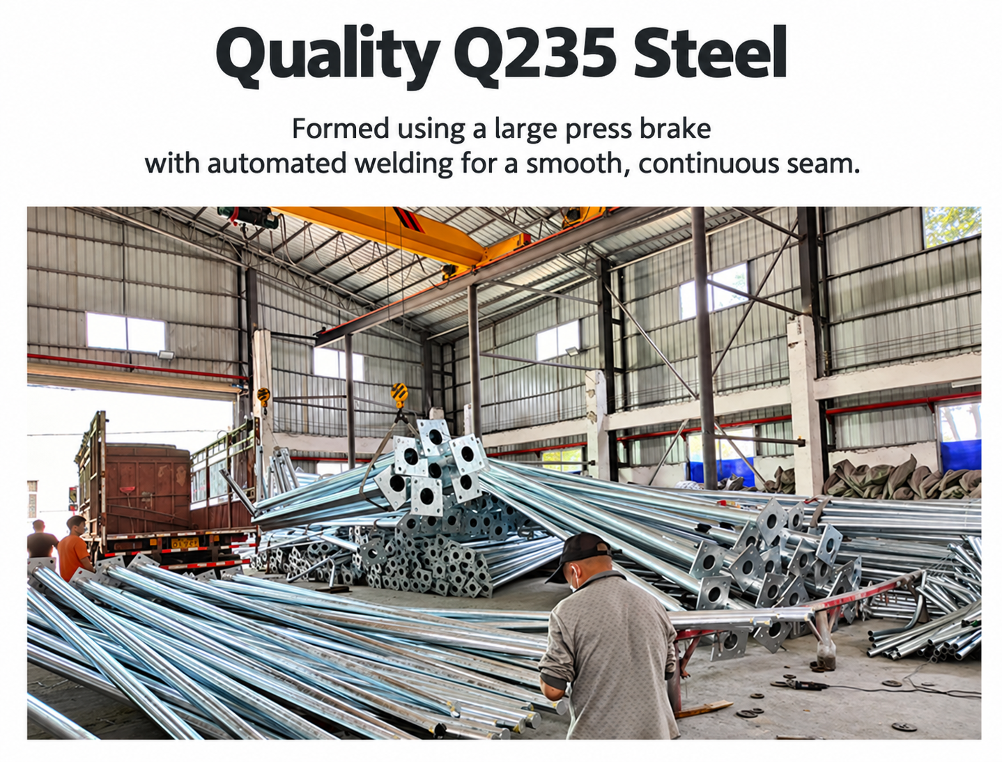 Workshop illustration showing formed steel pole production