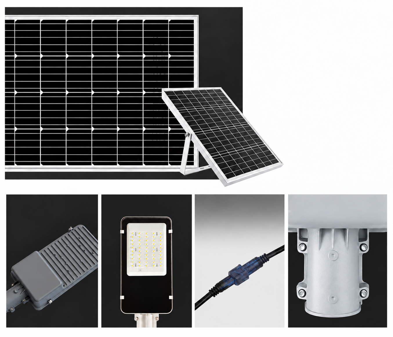 Visual reference of solar panel, luminaire and lighting connection components