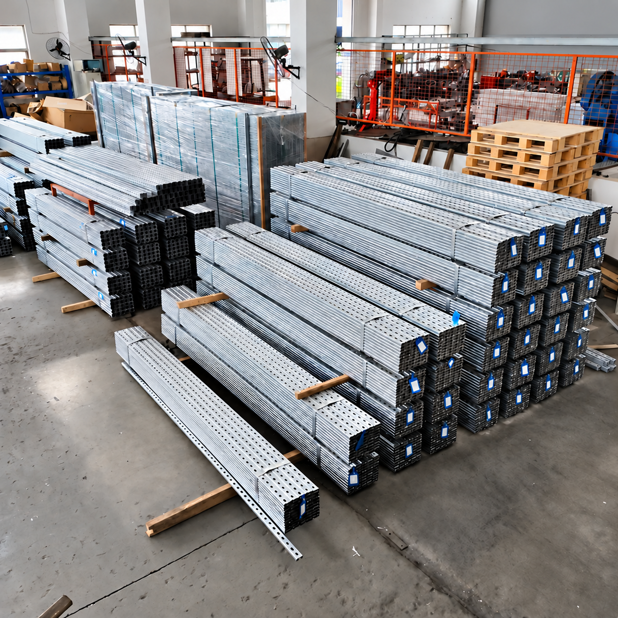 Bundled steel members in a workshop