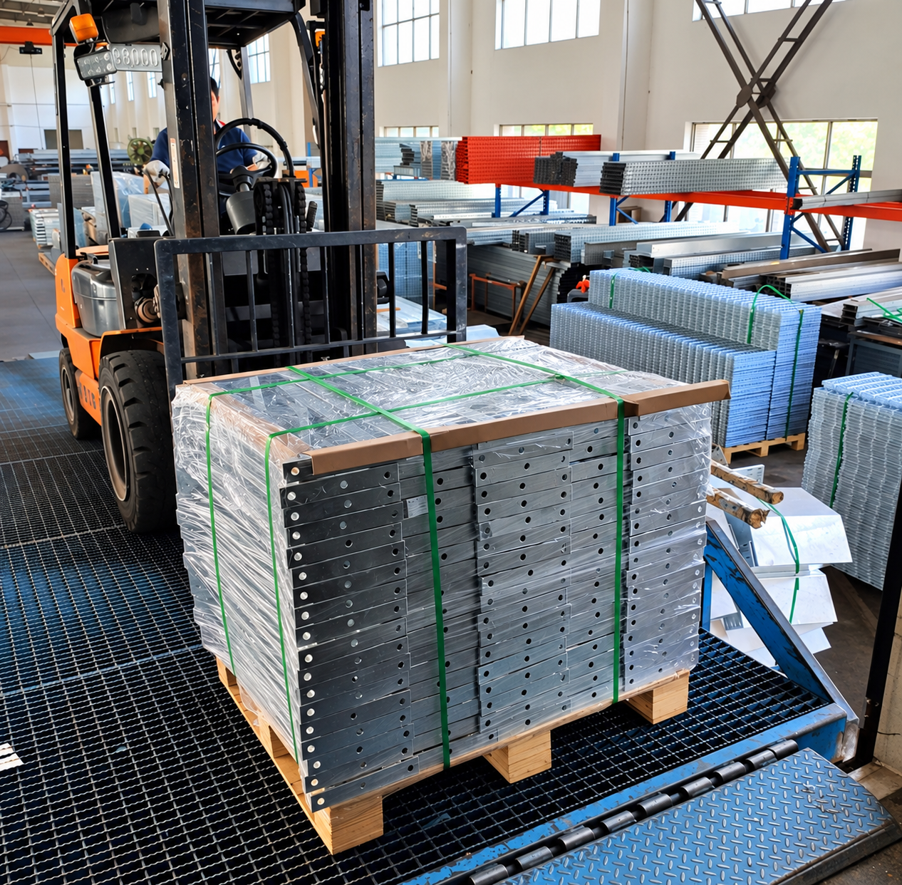 Forklift moving protected bundles of steel members